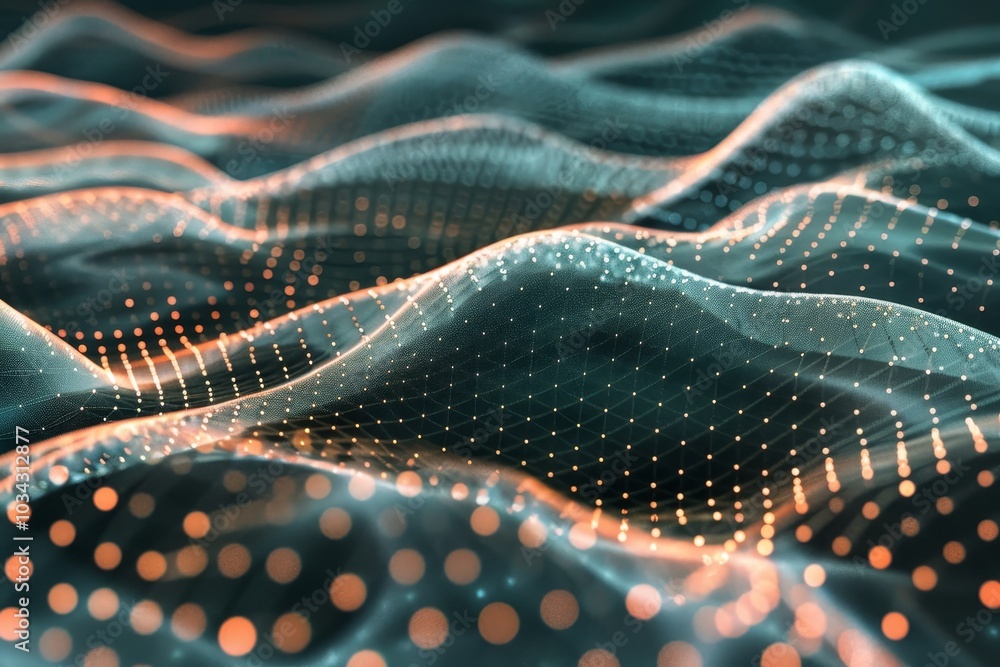 Poster flowing waves are created through a digital medium, featuring intricate patterns of glowing dots and