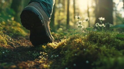 Close-up of Hiking Boot in Sunlit Forest Landscape with Wildflower Blooms in Vibrant Natural Setting