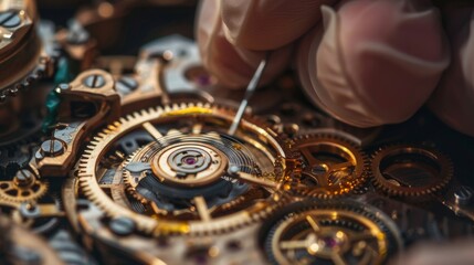 A watchmaker meticulously oiling and cleaning the intricate gears and components of a vintage luxury watch taking great care to preserve its timeless beauty.