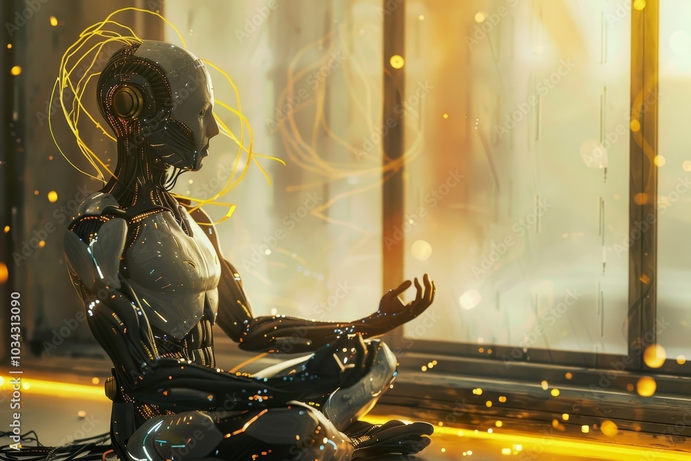 Poster a sleek robot sits in a meditative pose by a large window, surrounded by soft, warm light. the scene