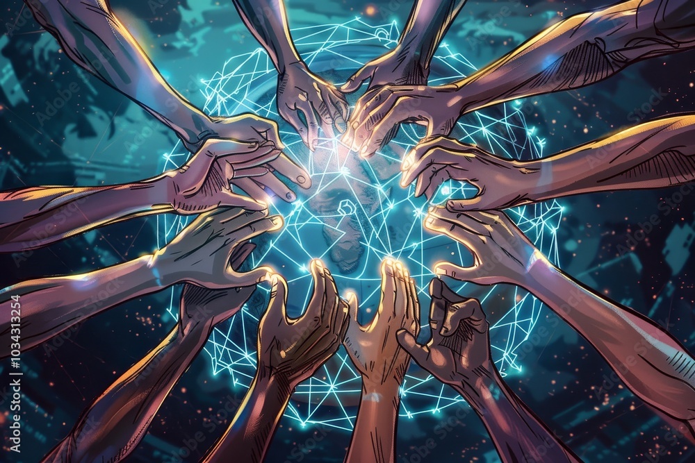 Poster multiple hands of various skin tones extend toward a luminous globe, symbolizing cooperation and uni
