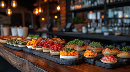Vibrant tapas bar scene with artfully arranged basque pintxos on rustic wooden countertop. Colorful ingredients and ambient lighting create an inviting atmosphere