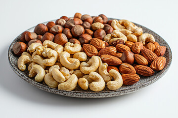Fototapeta premium A variety of nuts on a gray plate arranged appealingly