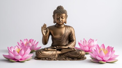 A photostock images of a golden statue of Lord Buddha seated in meditation, surrounded by lotus flowers, against a clean white background. High Quality