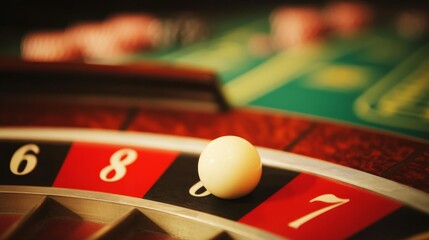 Obraz premium Close-up of a roulette ball on red, marking a pivotal moment in a game of chance and strategy.