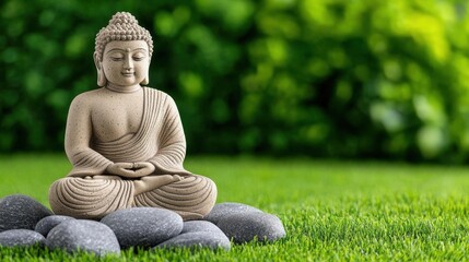 A photostock images of a meditative Buddha sitting in nature, background clean white High Quality