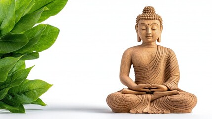 A photostock images of a meditative Buddha sitting in nature, background clean white High Quality