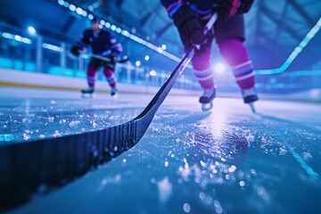 Obraz premium Close-Up Action Shot of Hockey Stick on Ice During an Intense Game in a Professional Arena