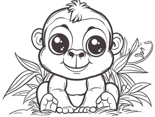 Cute Cartoon Baby Monkey with Big Eyes in Grass