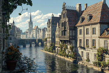 Fototapeta premium Scenic riverside view of historic architecture in a quaint town