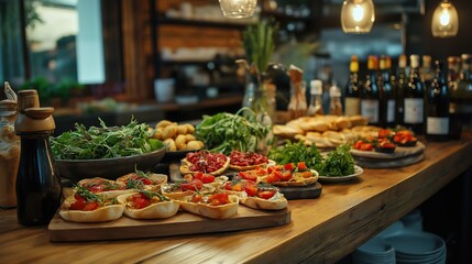 Obraz premium Vibrant tapas bar scene with artfully arranged basque pintxos on rustic wooden countertop. Colorful ingredients and ambient lighting create an inviting atmosphere