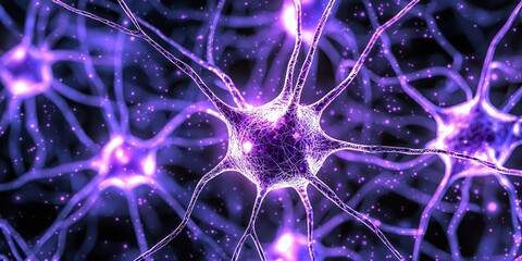 Close-up of neuron with glowing purple pink colors human brain cells medical science