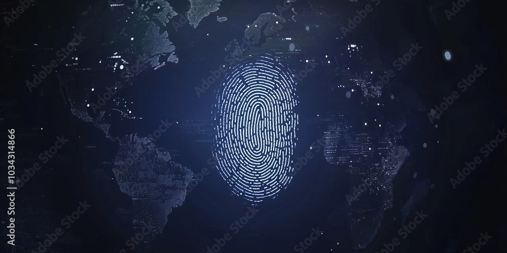 Poster glowing fingerprint on dark blue background with outline of world