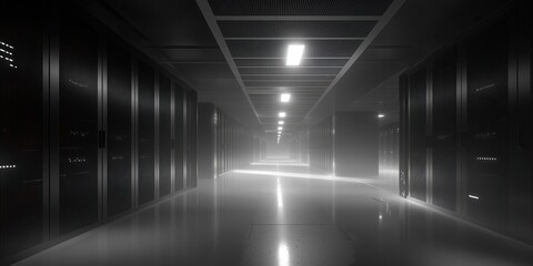 Empty server room hallway with glowing lights