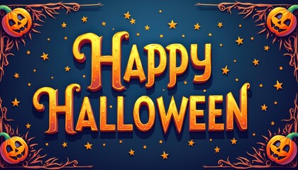 Pumpkin glows in Halloween card, bat flies in creepy night sky. Autumn greeting for holiday event, mystery lantern on house wall.