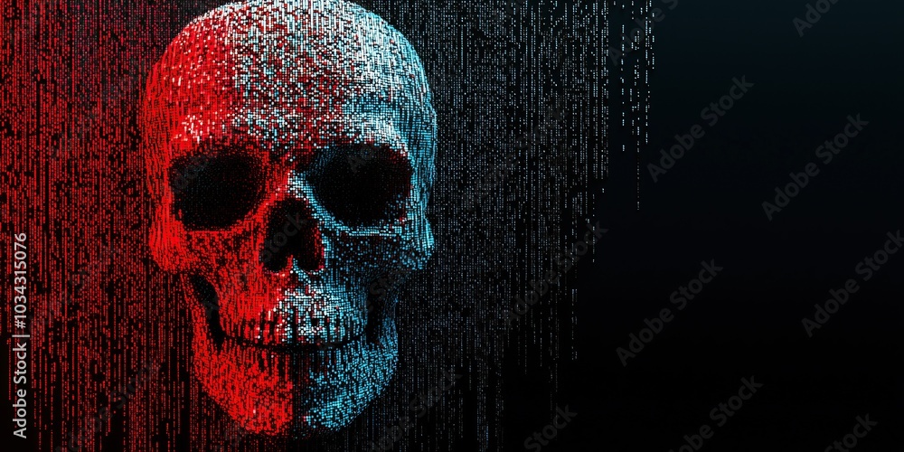 Poster digital skull made of binary code in red blue against black background copy space cybersecurity hacking threat
