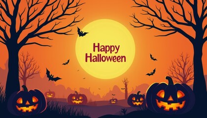 Pumpkin glows in Halloween card, bat flies in creepy night sky. Autumn greeting for holiday event, mystery lantern on house wall.