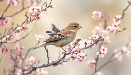 A finch hopping along the branches of a flowering tree its wings tucked close to its body as it moves through the blossoms