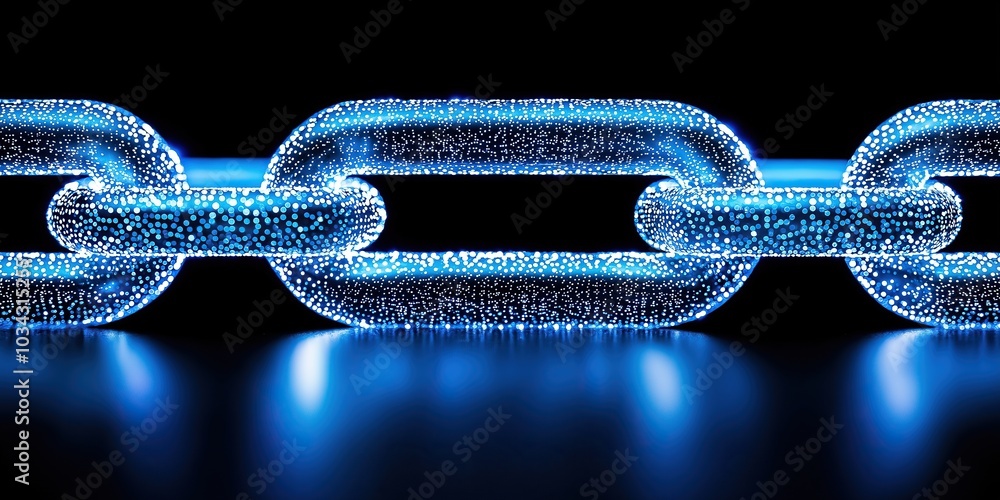 Poster close-up of glowing blue chain made of small particles blockchain technology
