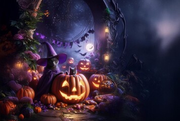 Naklejka premium A large Halloween pumpkin with a witch cat in a dark garden with Halloween treats.