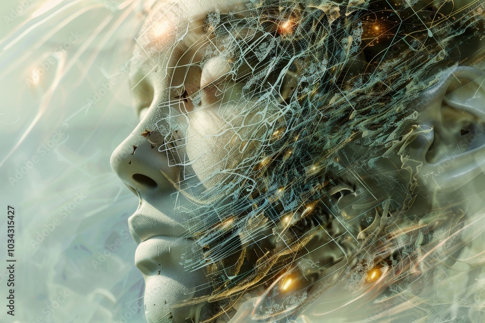 Poster the artwork features a face merging with intricate, glowing patterns that symbolize the fusion of hu