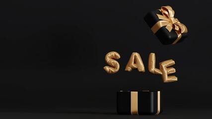 3d animation of a Sale text coming out by letters of the black opening giftbox with golden ribbons on isolated black background with space for copy