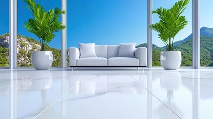 A photostock images of a sleek modern living room with floor-to-ceiling windows and contemporary furniture with a clean white background High Quality