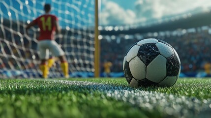 Close-up of a soccer ball resting on the penalty spot, with the goalie and players strategizing in the background before a crucial kick that could decide the game.