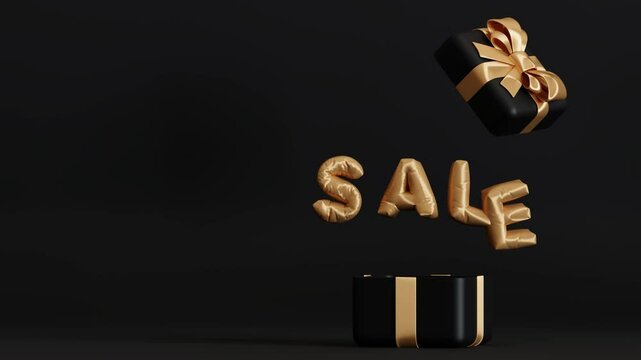 3d animation of a Sale text coming out by letters of the black opening giftbox with golden ribbons on isolated black background with space for copy