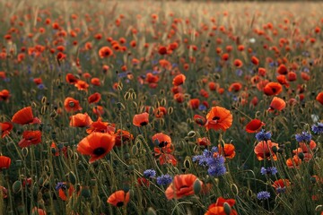 Obraz premium A colorful expanse of poppies and cornflowers blooms in a tranquil rural setting, illuminated by the warm light of the evening sun. Nature's beauty unfolds in this floral paradise.