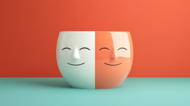 Two-faced mug with happy expressions.