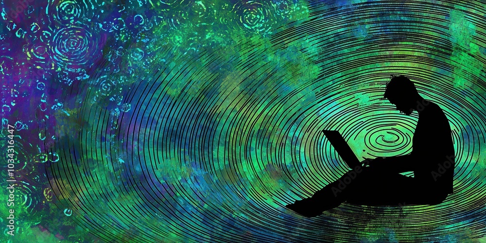 Poster silhouette of person using laptop on colorful patterned background copy space