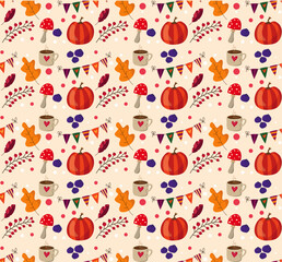 Vector Seamless Autumn Pattern with Leaves, Forest Elements, Mushrooms, Pumpkins and Branches. Seasonal Background.