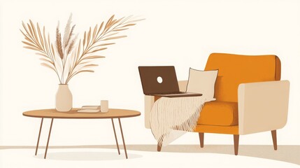 Fototapeta premium Cozy remote work setup: armchair, coffee table, laptop, and dry plants in a vase against a light background. 