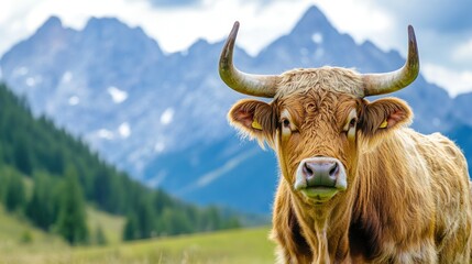 A brown cow with large horns stands in a grassy field with a mountain range in the background.