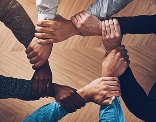 Solidarity, holding or hands of business people with diversity for group support or teamwork in...