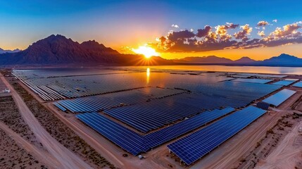 A photostock images of an aerial view of a modern solar farm with the sun rising in the background with a clean white background High Quality