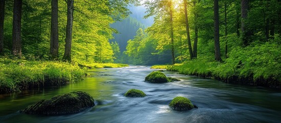 Fototapeta premium Serene River Flowing Through Lush Forest