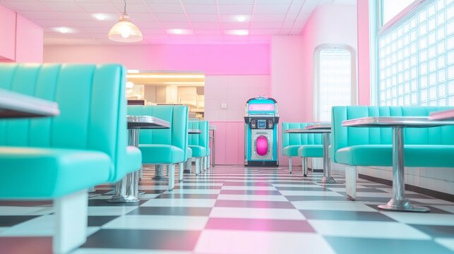 A classic vintage diner with teal leather seating and a jukebox in a retro ambiance from the mid-20th century