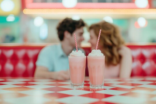 Couple shares a milkshake in a vintage diner booth with red leather seating and neon lights