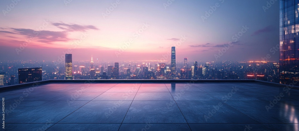 Poster cityscape view from a rooftop with empty space on the foreground.