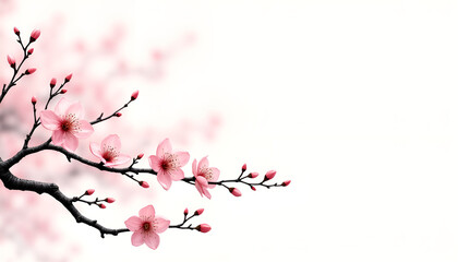 Delicate cherry blossom branch in full bloom with soft pink flowers against a white background