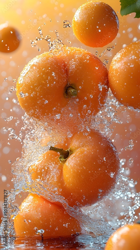 Poster juicy oranges splash into a refreshing bath, creating a vibrant and captivating display.