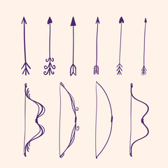 set of different bows and arrows in doodle style. recurve and straight bow arrows with different tips.