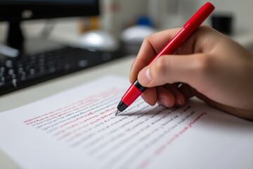 Hand holding a red pen, making corrections on a document.