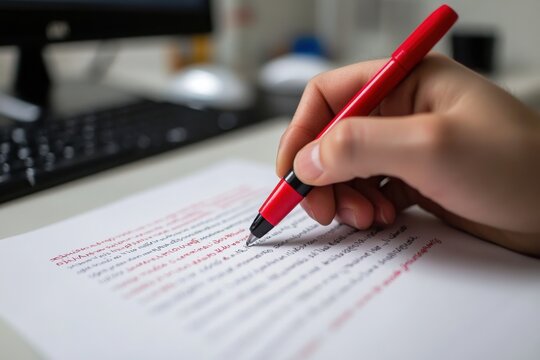 Hand holding a red pen, making corrections on a document.