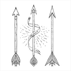 a set of decorative arrows in the sketch style. doodle arrows for a bow. arrows and ribbons