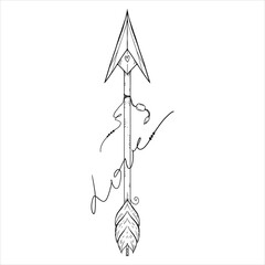 Arrow of love sketch with an inscription. bow arrow with decoration