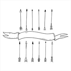 a set of different doodle arrows with ribbon. sketches of bow arrows