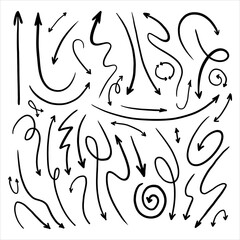 different doodle arrows drawn by hand. arrows of different shapes.